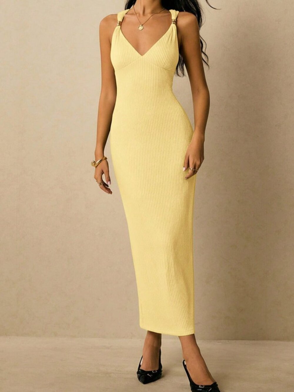Light Yellow Sexy Women's Sweetheart Neck Fitted Elegant Sleeveless Dress - Picture 2 of 7
